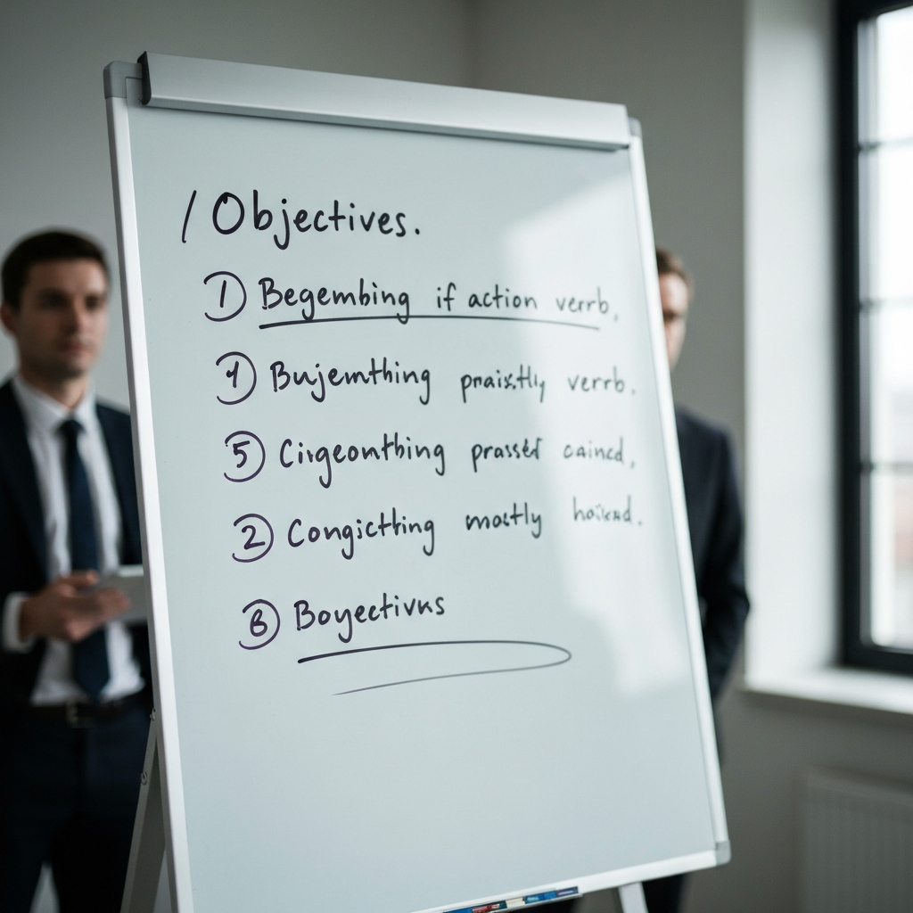 A whiteboard with a handwritten list of objectives, each beginning with an action verb. The whiteboard is slightly out of focus, creating a soft bokeh effect that draws attention to the foreground. The lighting is diffused and even.