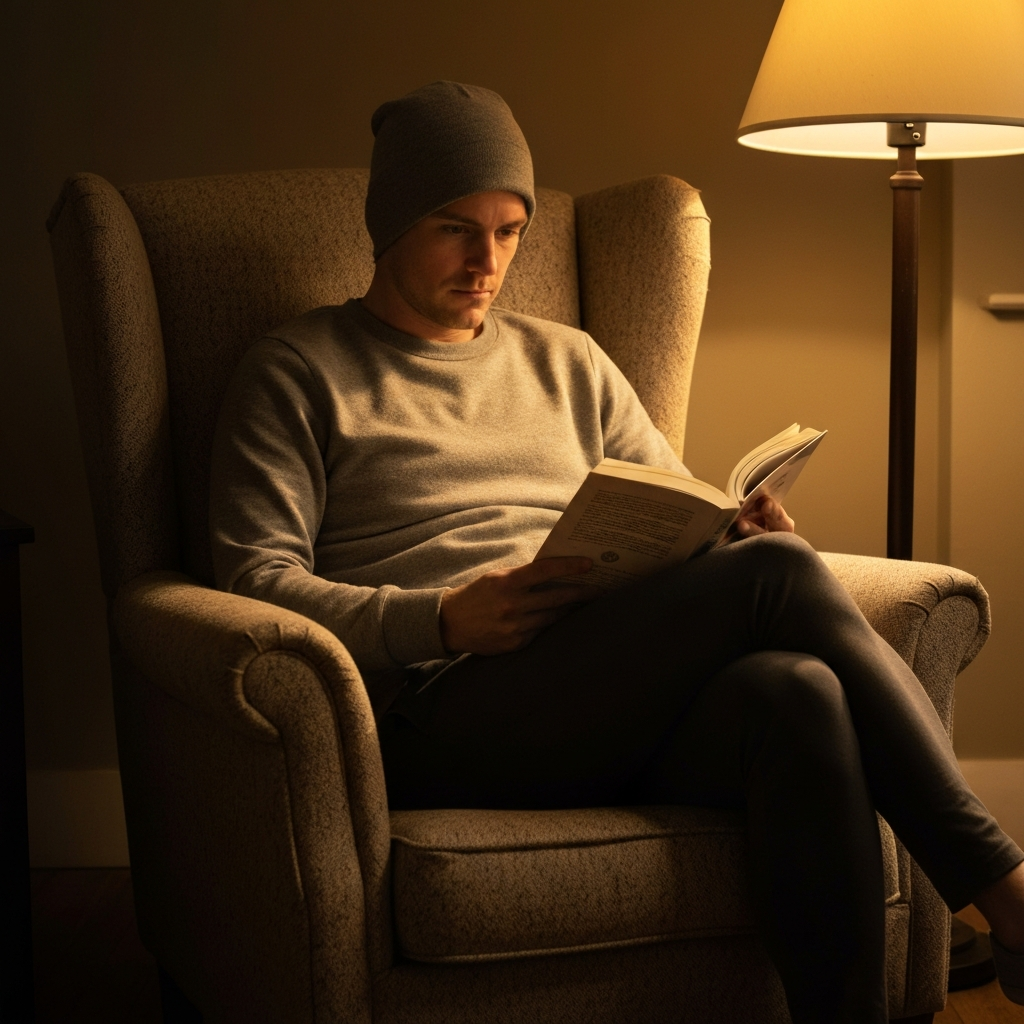 A person sitting in a comfortable armchair, bathed in the warm glow of a lamp, intensely focused on reading a book. The texture of the fabric on the armchair is visible, as are the subtle details of the book cover. The lighting is soft and inviting.