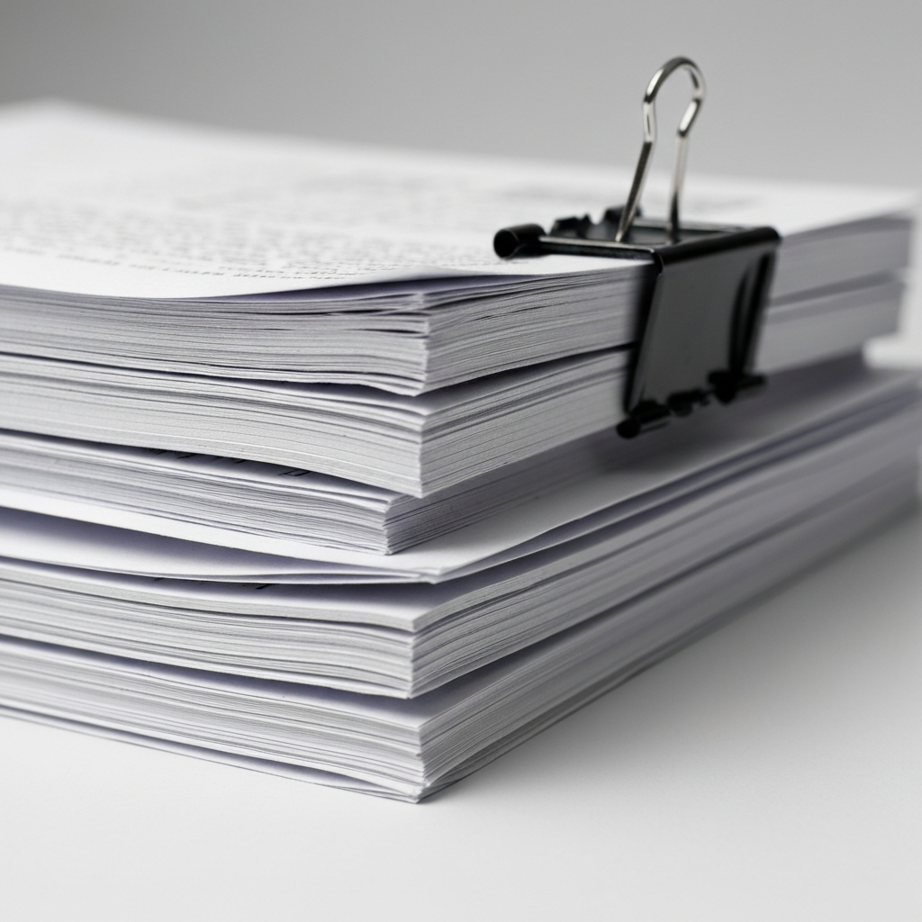 A stack of neatly organized papers, held together by a stylish paperclip. The papers are slightly angled, revealing a glimpse of the content. The lighting is bright and even, highlighting the crispness of the paper and the metallic sheen of the paperclip.