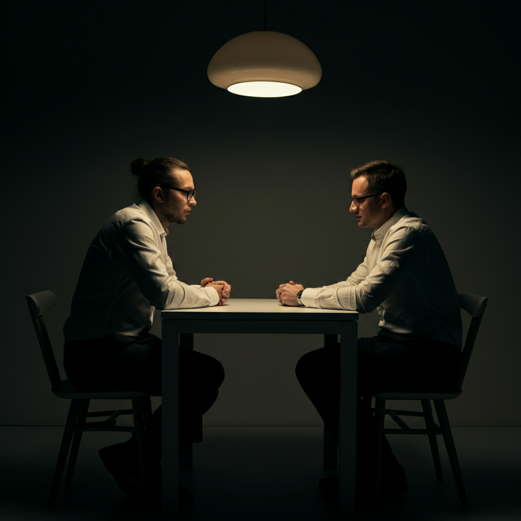 Two people sitting across from each other at a table, engaged in a focused conversation. One person is leaning forward attentively, while the other is speaking with confidence. The lighting is warm and inviting, emphasizing the connection between the two individuals.