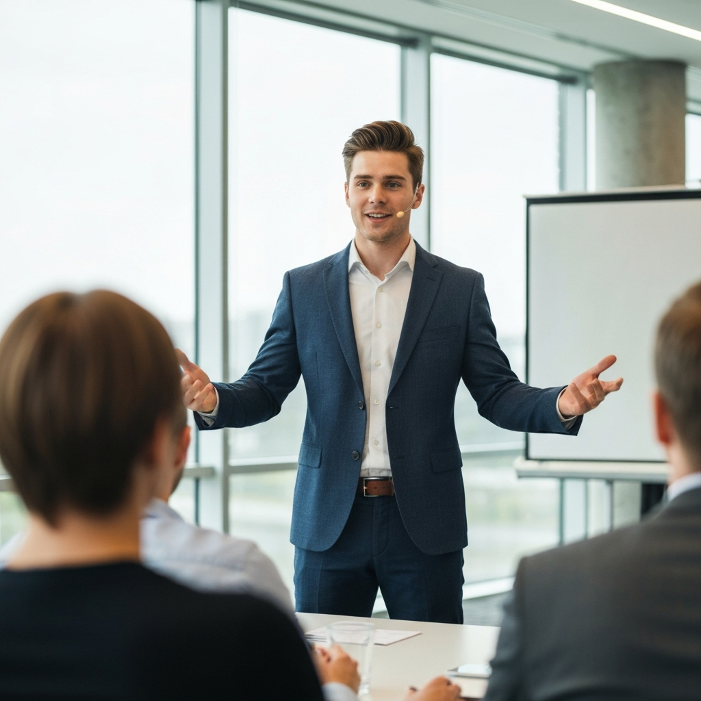 A person standing confidently in front of a group of people, giving a presentation. Their body language is open and engaging, and they are making direct eye contact with the audience. The lighting is bright and professional.