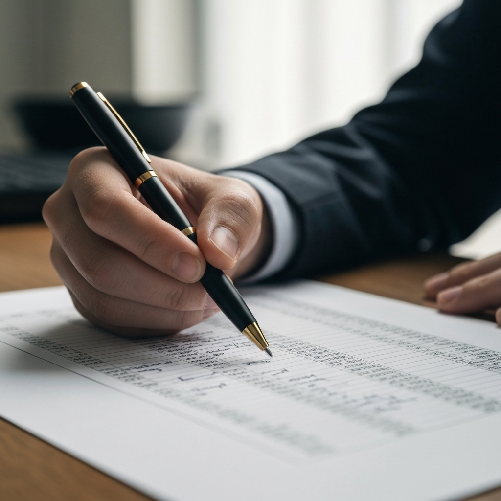 A close-up of a hand holding a pen, reviewing a printed spreadsheet filled with financial data. Soft, diffused light illuminates the paper, highlighting the handwritten annotations.