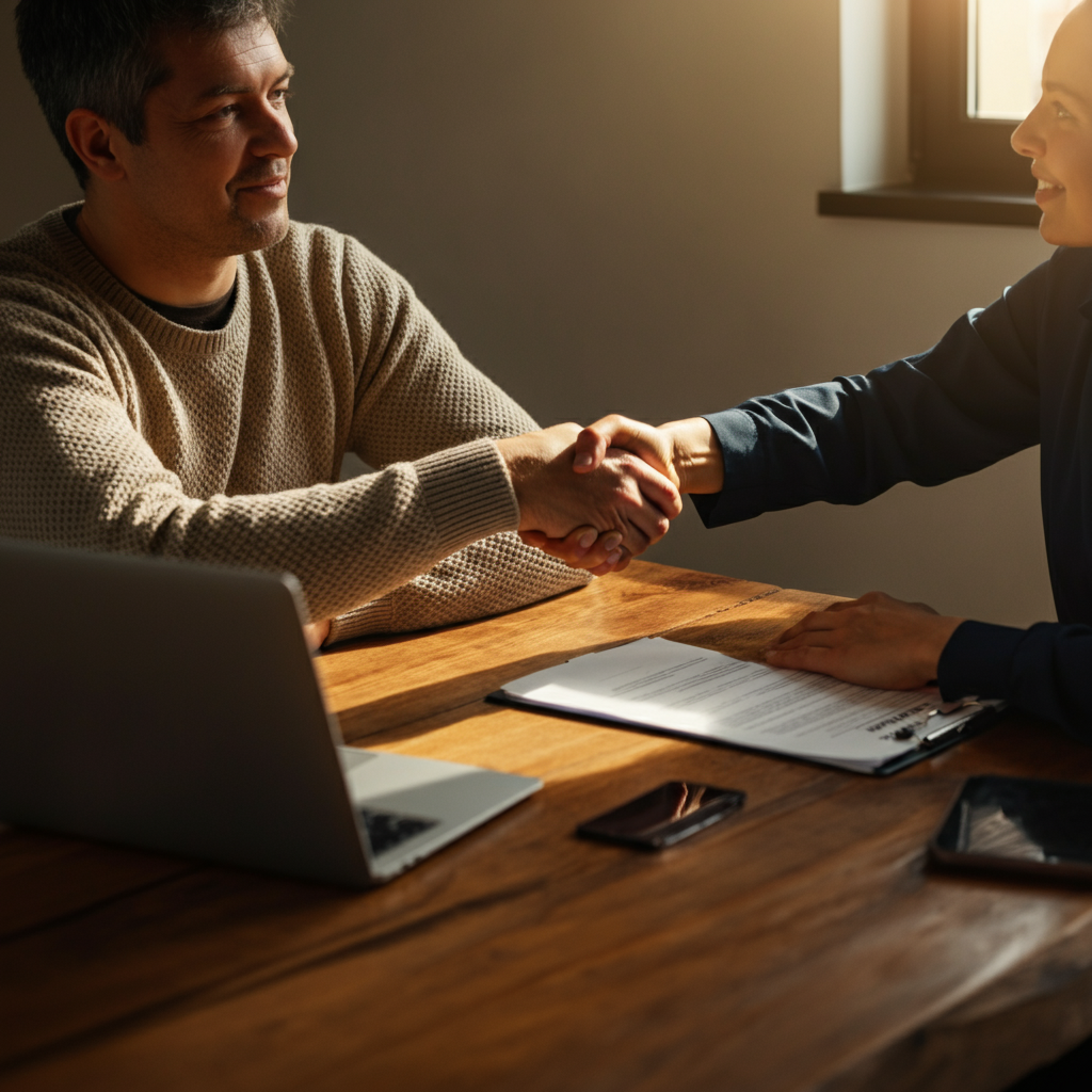 A business owner sitting across a wooden table from a supplier, shaking hands after reaching an agreement. Natural light streams through the window, creating a warm and inviting atmosphere.