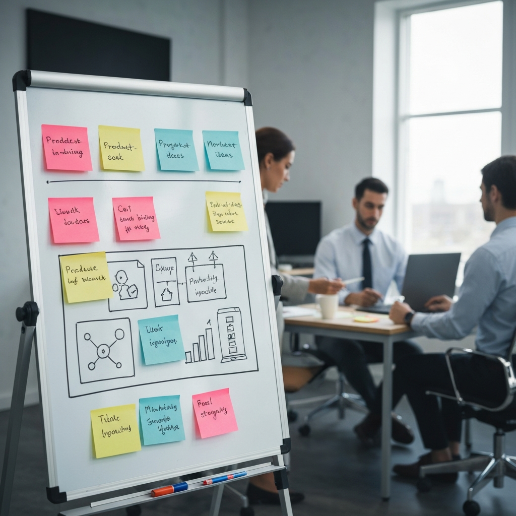 A whiteboard with colorful sticky notes outlining different product ideas and marketing strategies. The background is a bustling creative office space with people collaborating on various projects.