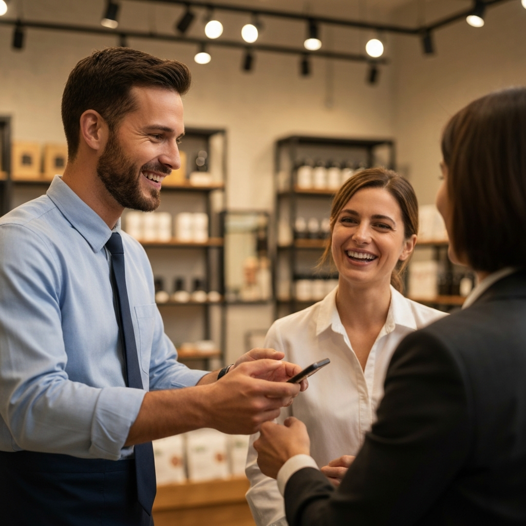 A small business owner interacting with a happy customer in their store. The store has warm lighting and is filled with appealing products.