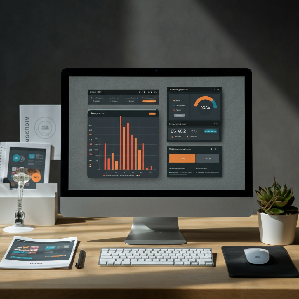 A computer screen displaying analytics data, showing positive engagement metrics. The screen is surrounded by marketing materials and design mockups.