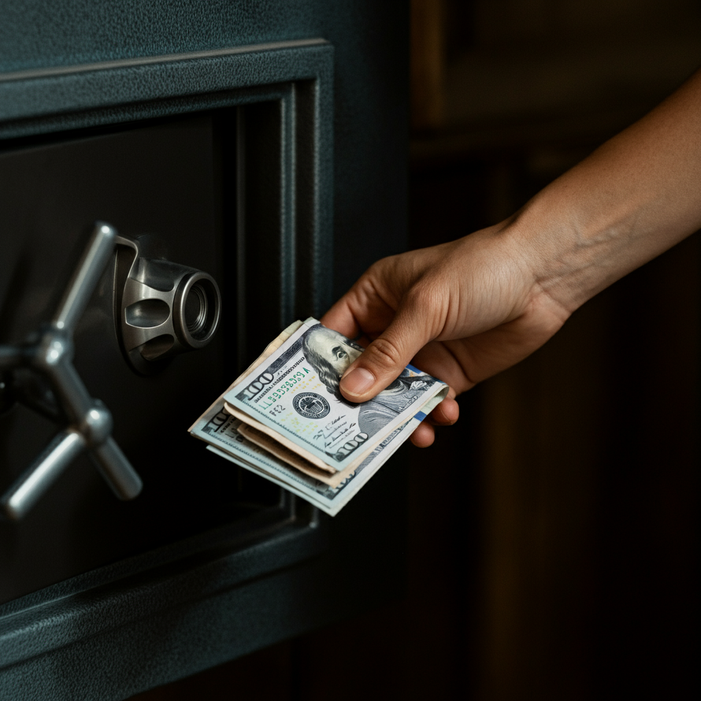 A hand carefully placing cash into a locked safe. The scene is well-lit, emphasizing the security and importance of the action.
