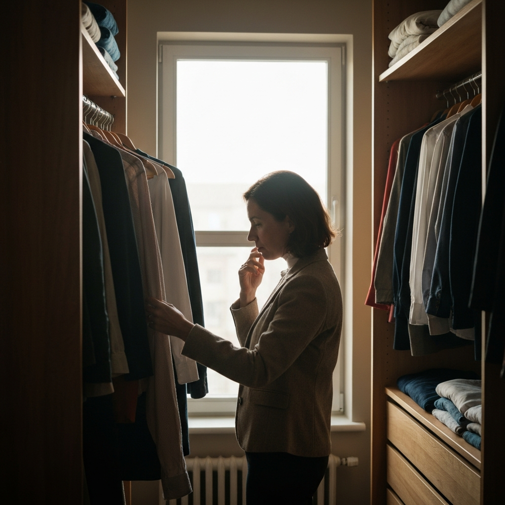 Open closet filled with various clothes; a person thoughtfully examines a garment, natural light coming through a nearby window creating a soft glow; textures of fabric and wood visible.