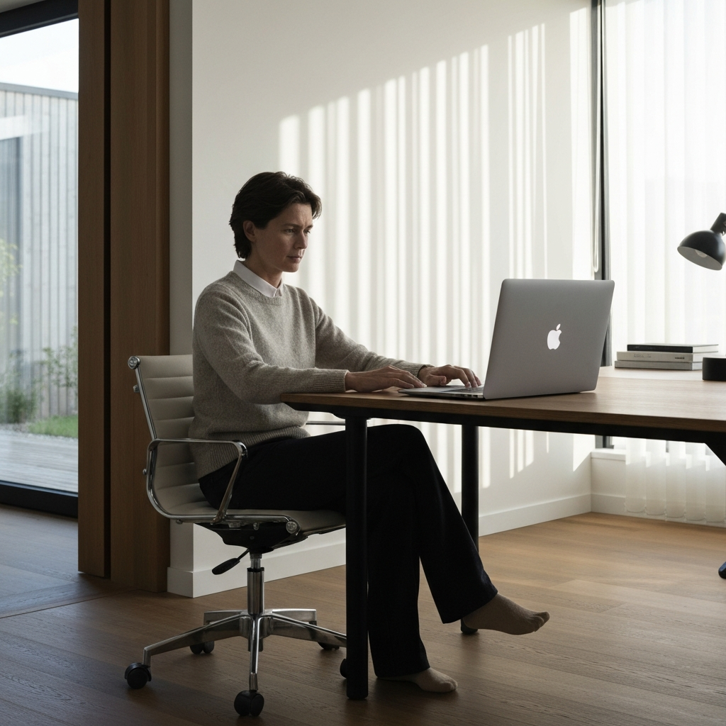 Person working at a laptop in a modern home office; sunlight streams through window; clothing casually stylish and comfortable but professional, focus on material texture and ergonomics.