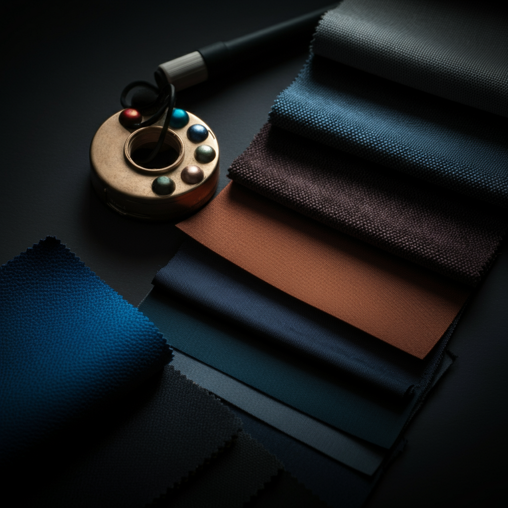 Close-up of a color wheel, with swatches of fabric in different colors placed around it. Soft, directional light emphasizing texture.