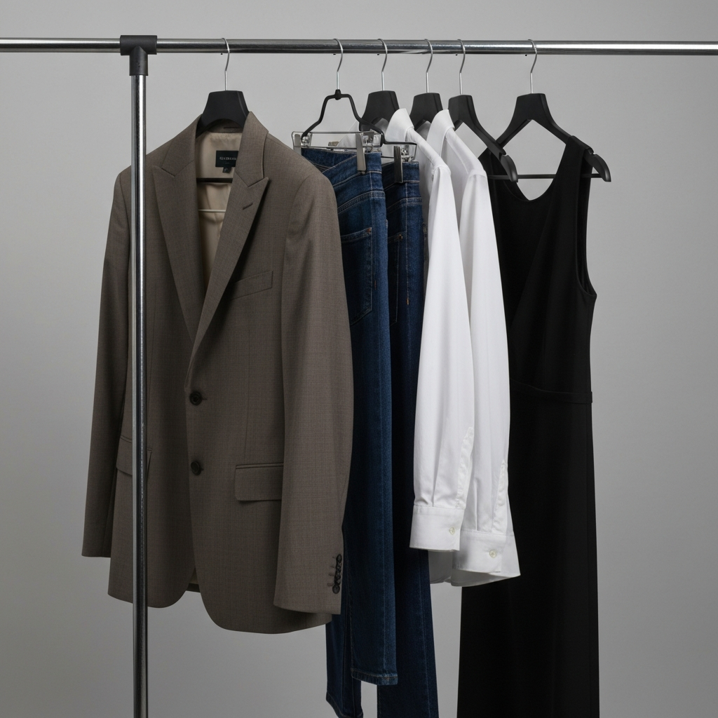 A rack of clothing featuring essential wardrobe items: a tailored blazer, a crisp white shirt, dark wash jeans, and a simple black dress. Side-lit to show textures and cuts of fabrics.