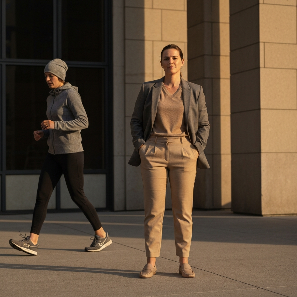 Person standing confidently in their signature outfit – a well-fitting blazer, a comfortable top, tailored pants, and stylish shoes. Natural light with a slight golden hour glow.