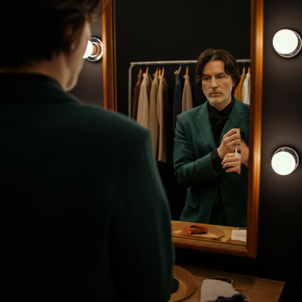 Person in front of a mirror, trying on different outfits, thoughtfully considering each look. A range of clothing options are visible in the background. Soft, ambient light.