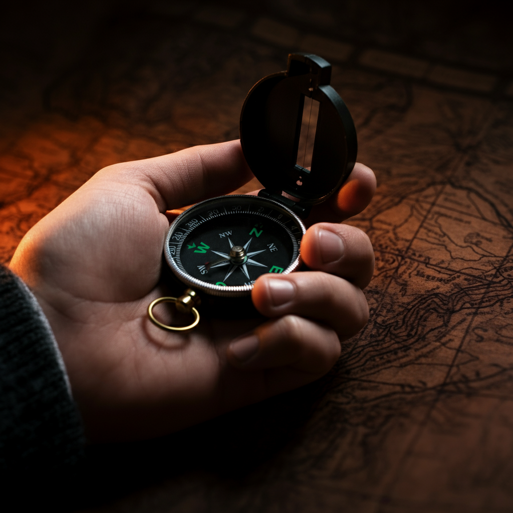 Close-up of a person's hand holding a compass, the compass needle slightly blurred with a soft bokeh effect. The background is a textured wooden map with subtle golden hour lighting.