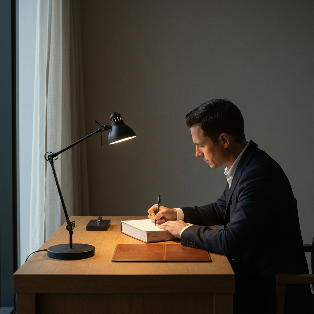 A person seated at a desk, writing in a journal. The room is dimly lit with a single lamp illuminating the journal. Textures of the leather-bound journal and the wooden desk are clearly visible.