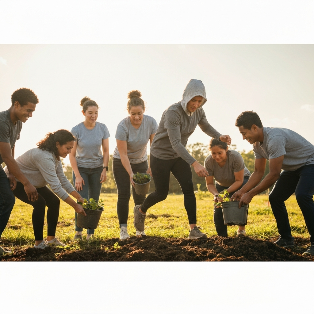 A group of diverse individuals collaborating on a community garden project. The scene is brightly lit with natural sunlight, showcasing the textures of soil and plants.