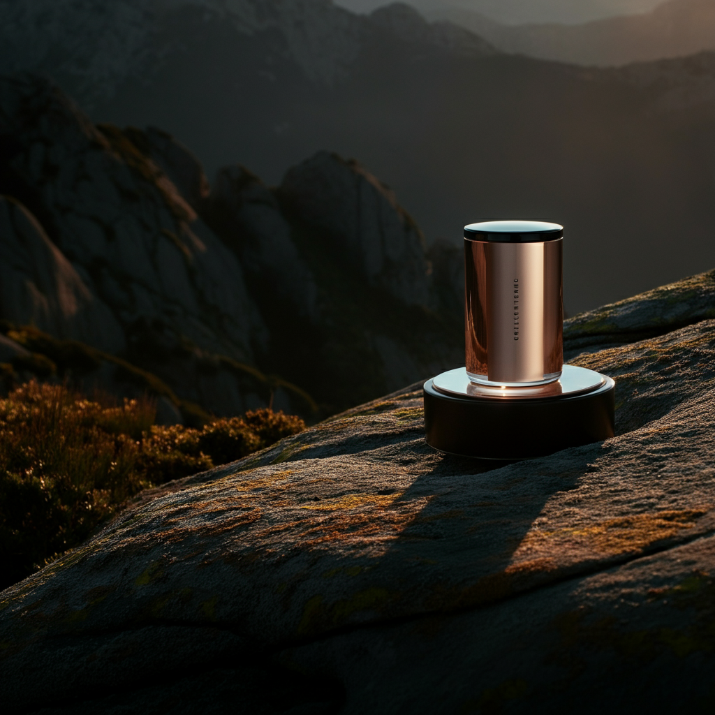 A person standing on a mountaintop, gazing at the landscape below. The scene is shot during the golden hour, casting long shadows and highlighting the textures of the rocks and foliage.
