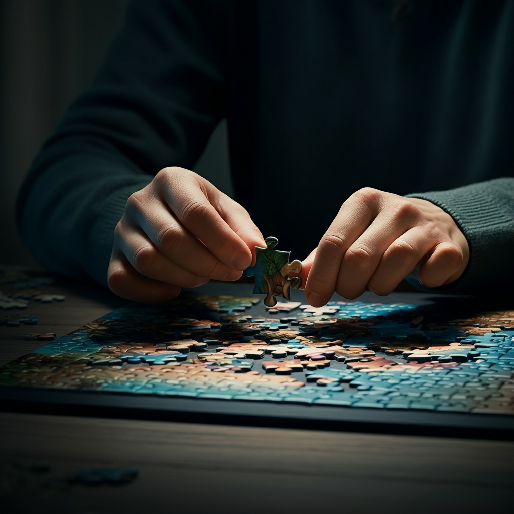 A close-up of a person's hands working on a complex jigsaw puzzle. The puzzle pieces are brightly colored and textured, and the lighting is soft and diffused.