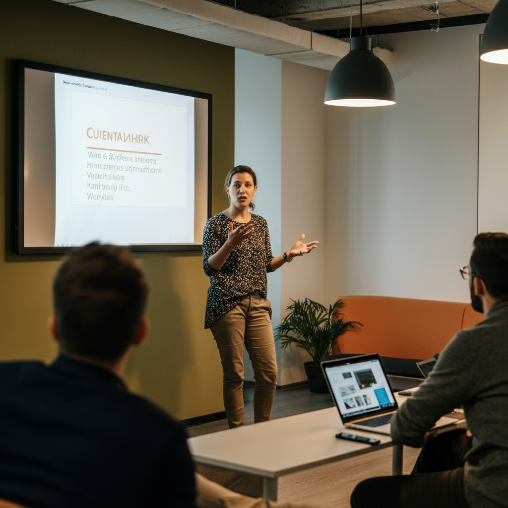 A person giving a presentation to a small group of colleagues in a modern office setting. The room is well-lit and the textures of the presentation materials and office furniture are visible.