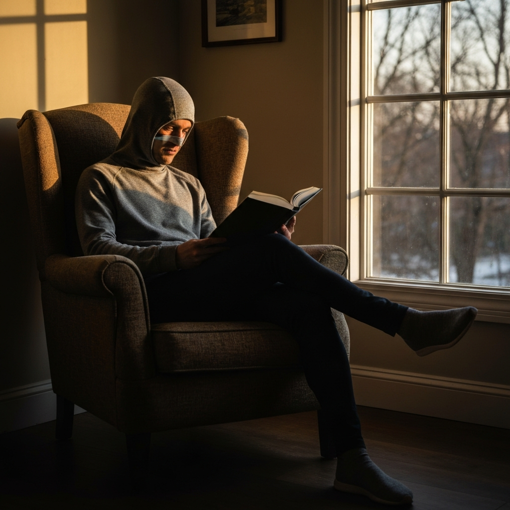 A person sitting in a comfortable armchair, reading a book by the window. The room is filled with natural light, and the textures of the book and the armchair are clearly visible.