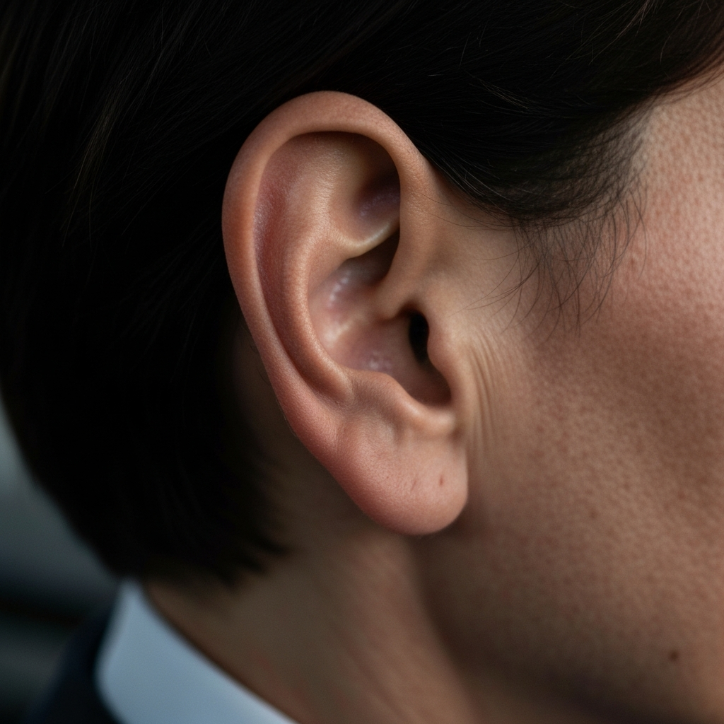 Close-up of a driver's ear, subtly side-lit, with soft bokeh in the background focusing on the texture of the ear.