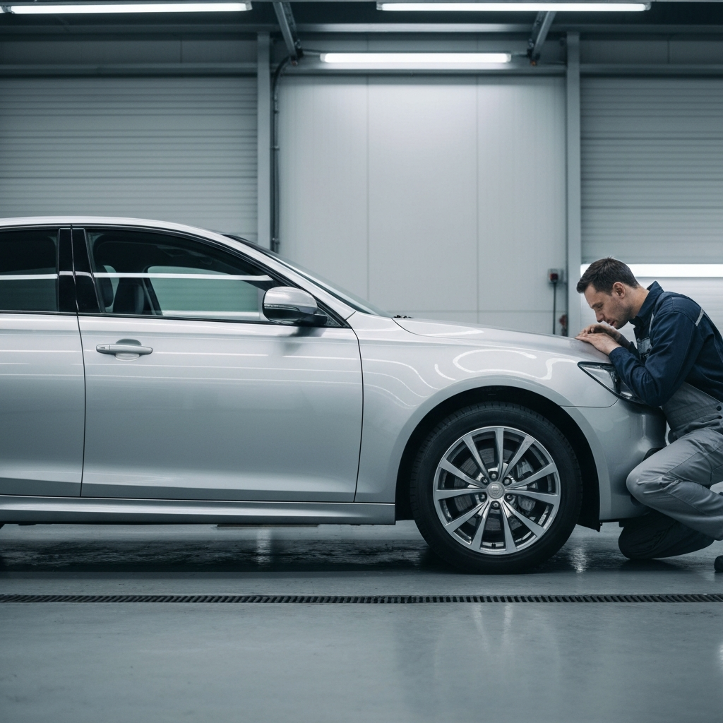 A medium shot of a car from the side, parked in a clean garage with ample lighting. A mechanic, fully clothed in work overalls, is kneeling near the front wheel, listening intently.