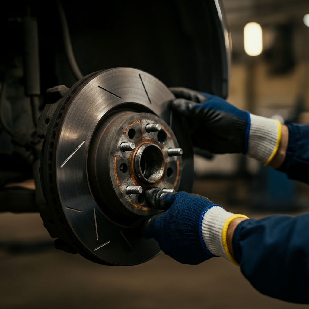 A mechanic's hands, wearing protective gloves, are shown inspecting a brake rotor. The image is well-lit, showcasing the texture and surface of the rotor.