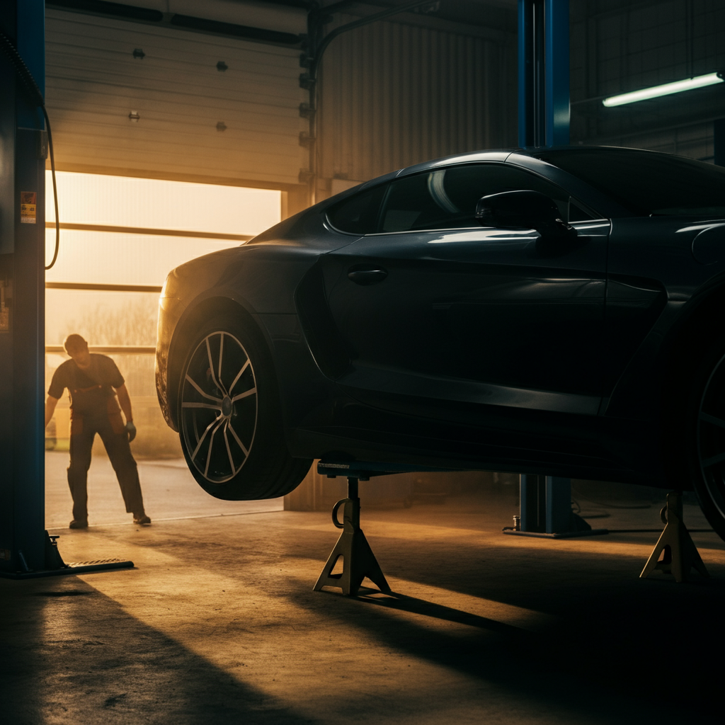 A car elevated on jack stands in a garage. Soft golden hour light streams in from a slightly open garage door, creating dramatic shadows. A mechanic is visible in the background, blurred slightly.