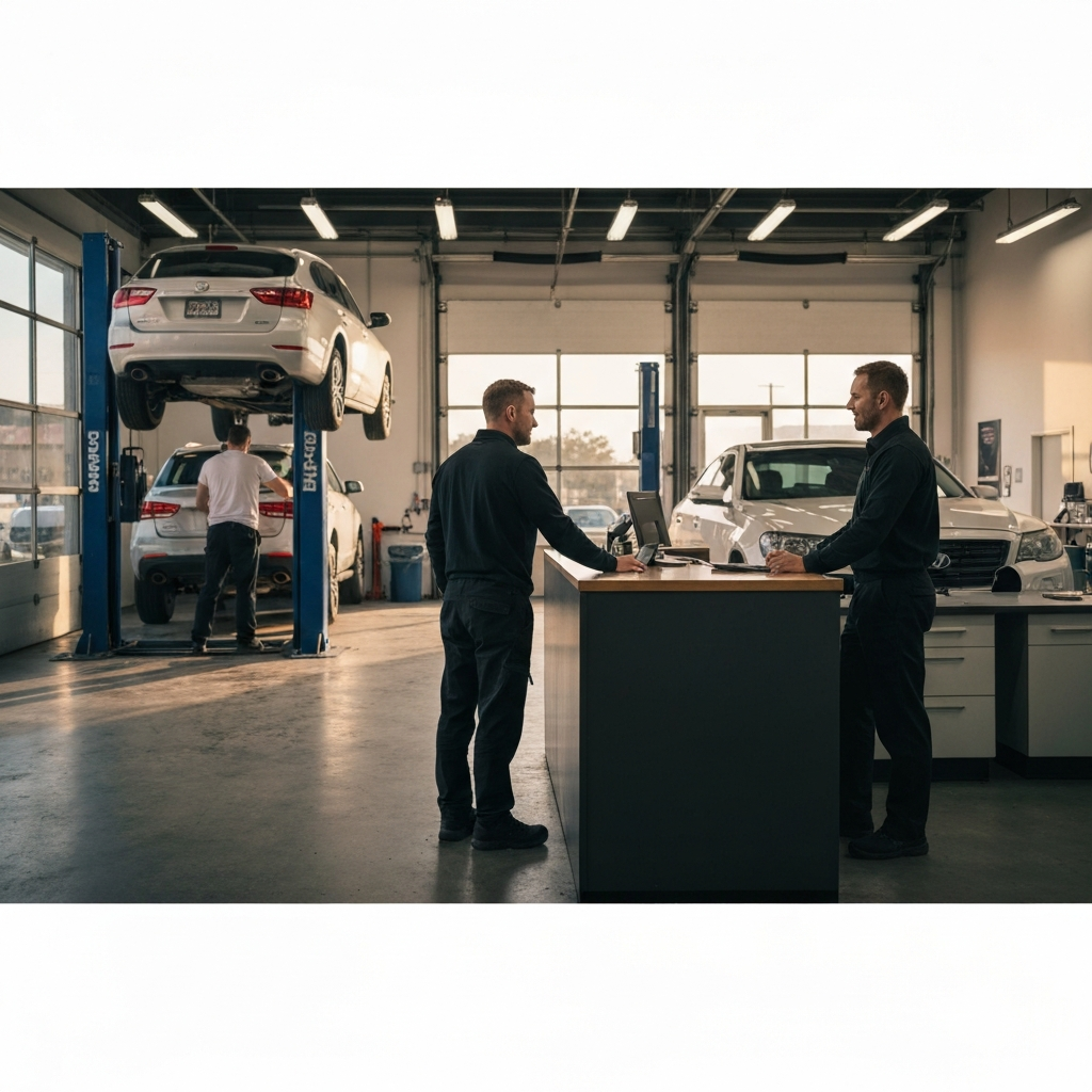 A well-lit, clean auto repair shop. A customer is talking to a service advisor at the front desk, with a mechanic working on a car in the background.