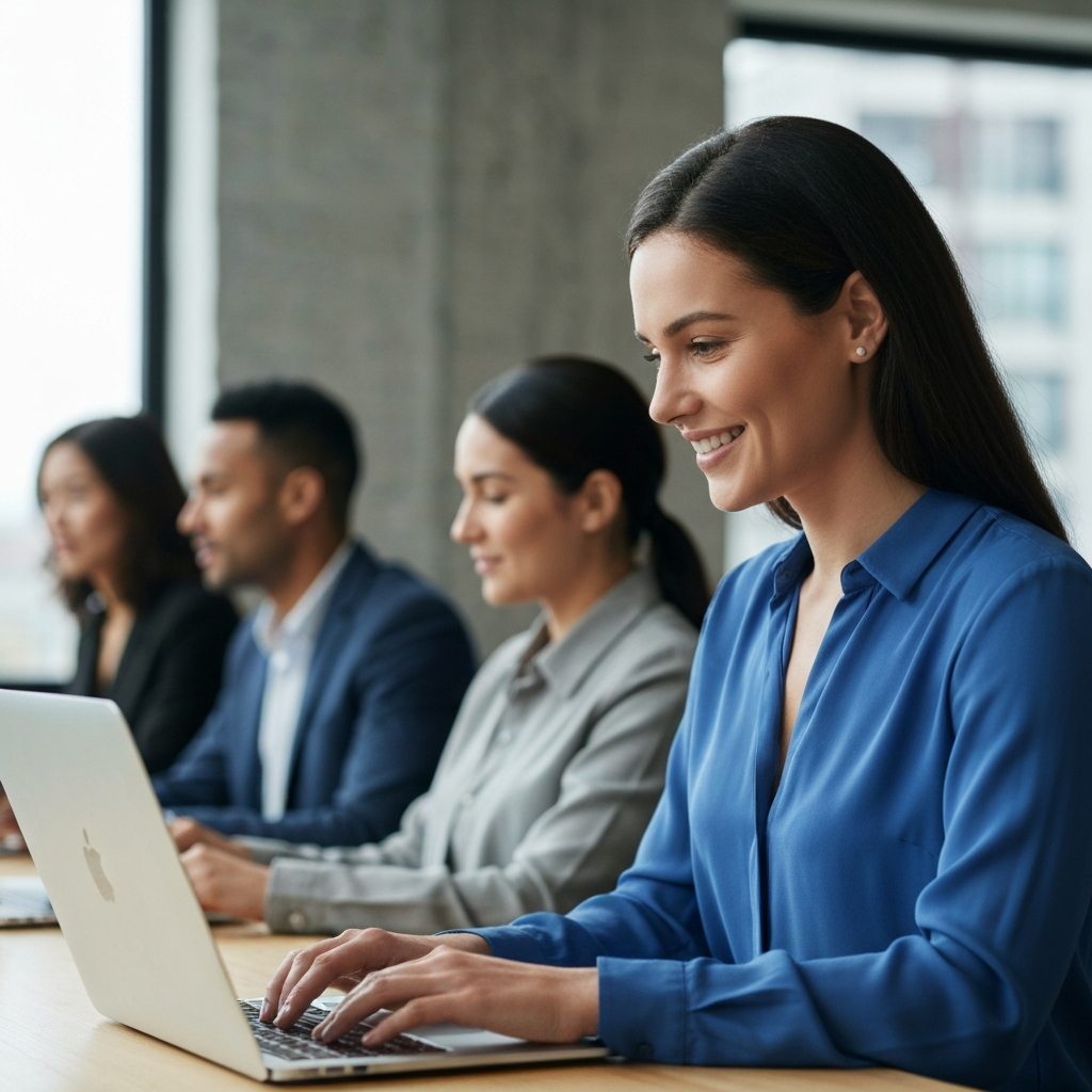 Close-up shot of a diverse group of people in a modern co-working space, softly focused in the background. In the foreground, a woman in a blue blouse smiles gently as she types on a laptop. Soft, diffused light from a large window illuminates her face, highlighting her engaged expression.