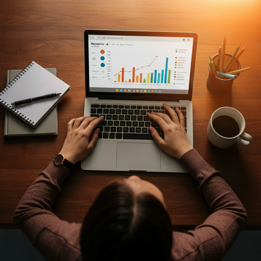 Overhead shot of a desk scattered with notebooks, pens, and a laptop displaying keyword research data. A coffee mug sits to the side. The lighting is warm and inviting, with a shallow depth of field emphasizing the laptop screen.
