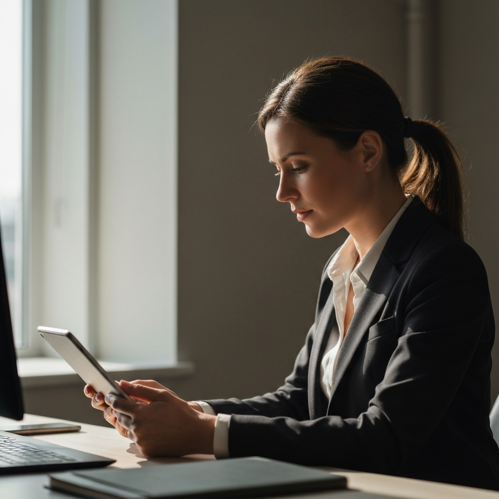 A woman sitting at a desk, intently reading from a tablet. Sunlight streams in from a nearby window, casting a soft glow on her face. She is dressed professionally and appears focused on the content.
