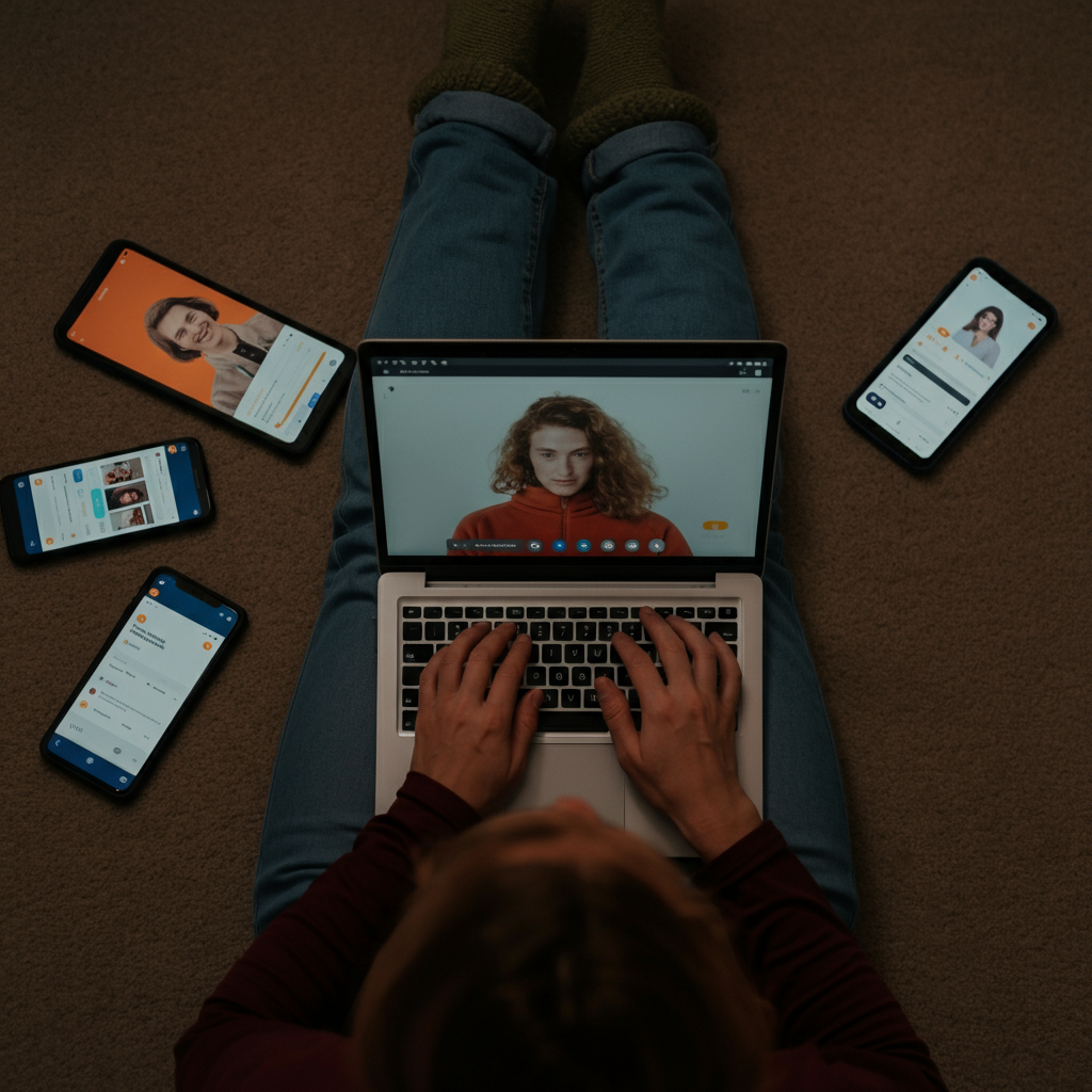 A person working on a laptop surrounded by several mobile phones and tablets displaying social media feeds. Soft, ambient lighting creates a cozy atmosphere.