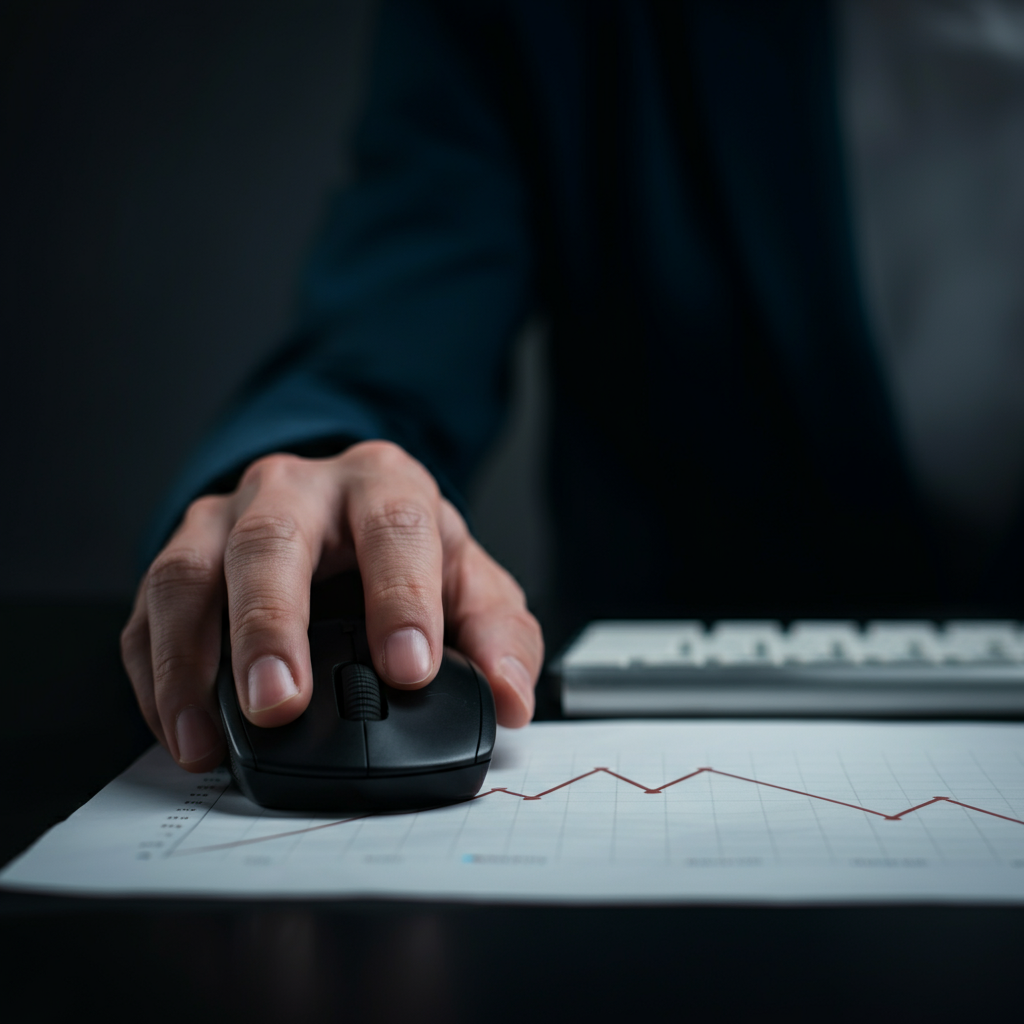 A person's hand hovering over a computer mouse, positioned above a graph depicting website traffic trends. The screen reflects in their glasses. Soft, diffused lighting illuminates the workspace.