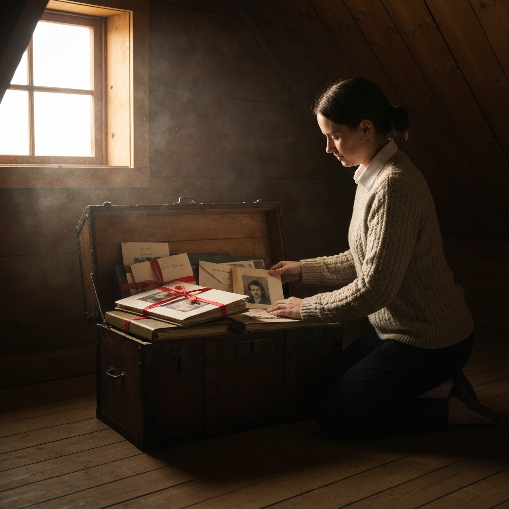 A warmly lit attic space. Dust motes float in the air. A person wearing a sweater kneels before an open antique wooden chest filled with photo albums, letters tied with ribbon, and small trinkets. The light from a nearby window highlights the textures of the aged paper and worn wood.