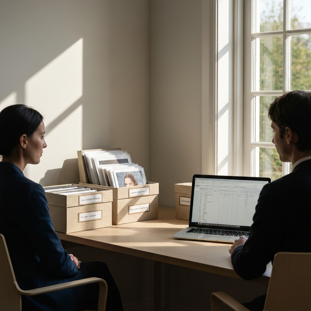A well-organized home office. Sunlight streams through a window illuminating a desk. On the desk are several labeled archival boxes, some open to reveal carefully arranged photographs in protective sleeves. A laptop displays a spreadsheet for cataloging items.