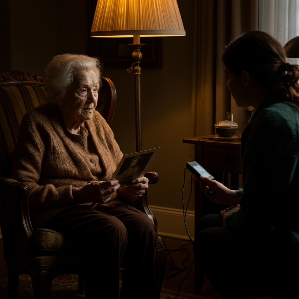 A cozy living room, bathed in warm, soft light. An elderly woman with kind eyes sits in an armchair, holding a vintage photograph. A younger woman sits opposite her with a digital recorder, listening intently. Soft bokeh in the background emphasizes the intimate setting.