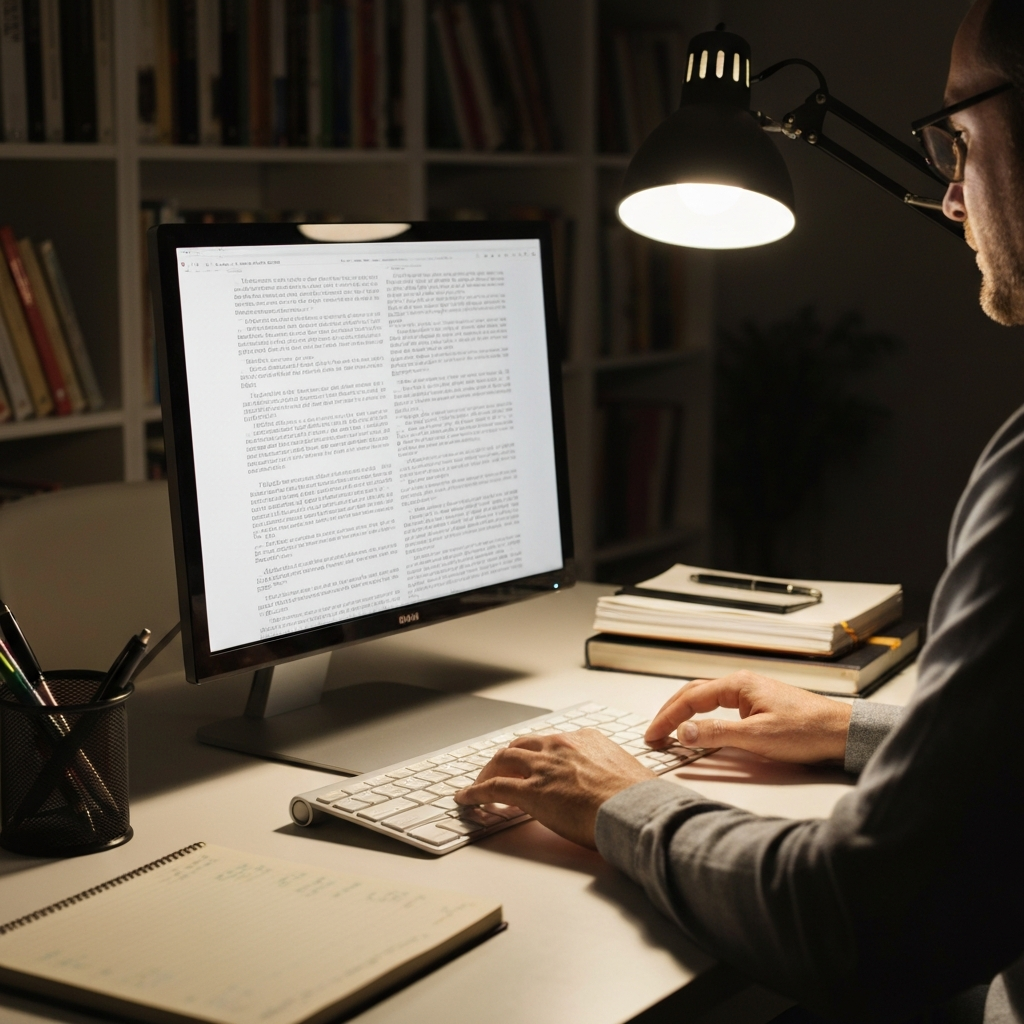 A writer sits at a desk illuminated by a desk lamp. The scene should emphasize the writer's hands on the keyboard and the glow of the monitor, displaying a document filled with text. The room is tidy and organized, with bookshelves in the background. Focus on details like the pen holder and the stack of research notes.