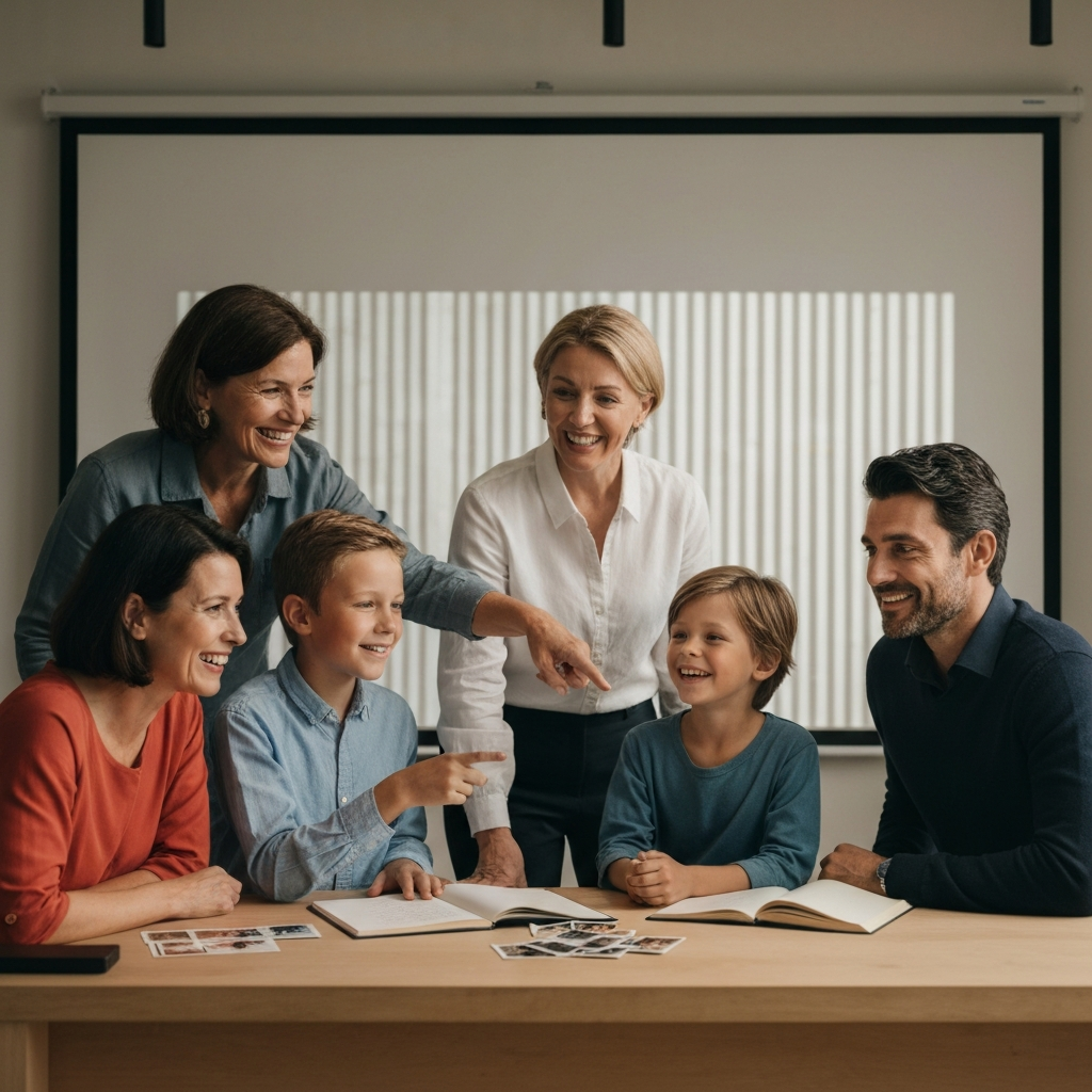 A family gathered around a large screen, looking at old photos and videos. The scene is lit with warm, ambient light, highlighting the expressions of joy and reminiscing on their faces. Emphasis on the interaction between family members as they point to the screen and share stories.