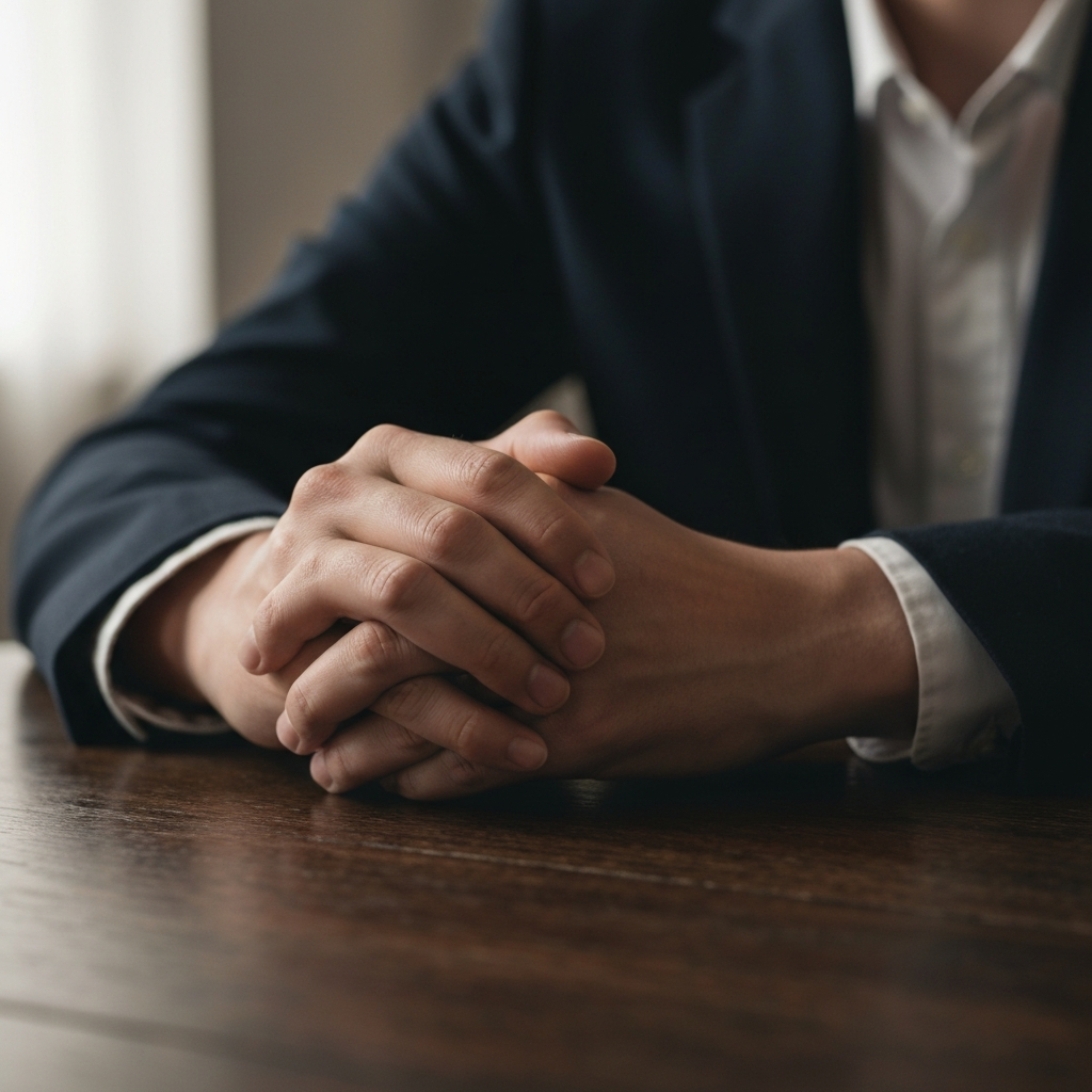 A close-up shot of two hands clasped together on a dark wooden table, with soft, diffused light creating a warm atmosphere. Focus is on the textures of the skin and wood grain.