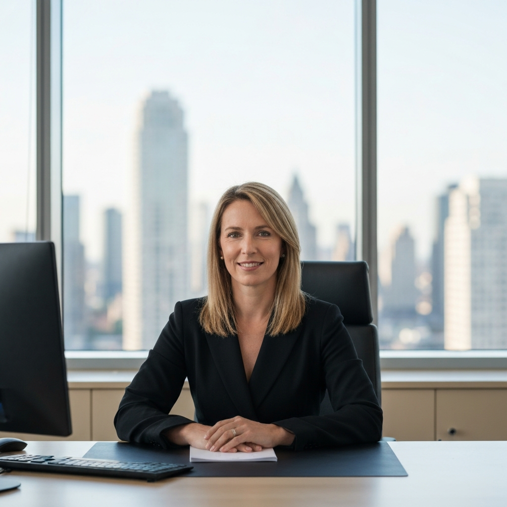 A well-lit office setting. A woman sits at a desk, facing the camera. She has a slight smile, and her hands are resting comfortably on the desk. Behind her, through a blurred window, is a cityscape with soft morning light.