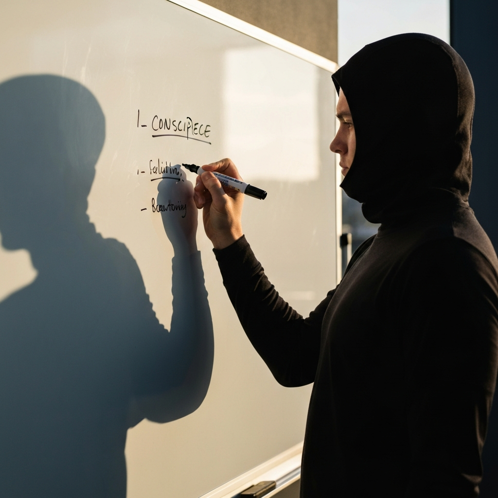 A person standing at a whiteboard, using a black marker to write a concise list. The lighting is direct, highlighting the whiteboard surface and the contrast of the marker.