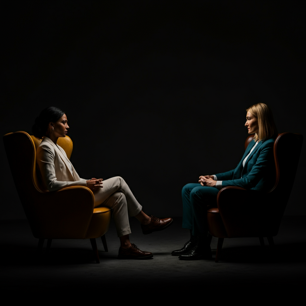 A side-lit scene of two people sitting in armchairs, facing each other. One person leans slightly forward, listening intently. The room is dimly lit, creating a sense of intimacy and confidentiality.