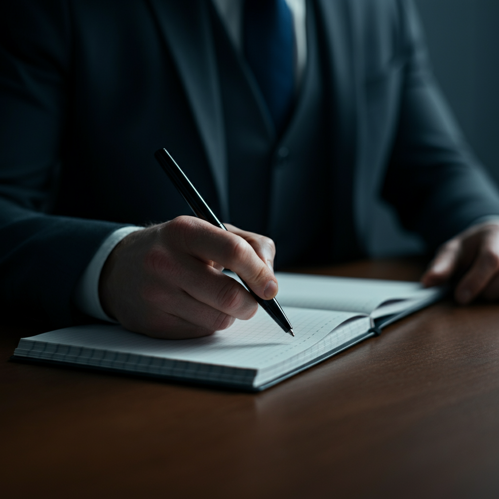 Close-up on a notepad and pen on a desk. Soft focus on a hand writing notes, with a professional-looking meeting table in the background.