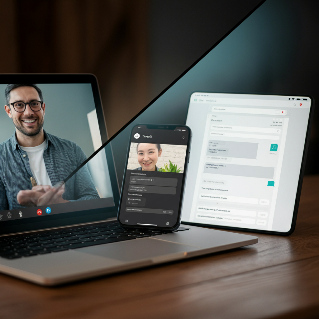 A split screen showcasing different communication tools: a laptop with a video call, a smartphone displaying a text message thread, and an open email inbox. All screens are lit with a soft, neutral light.