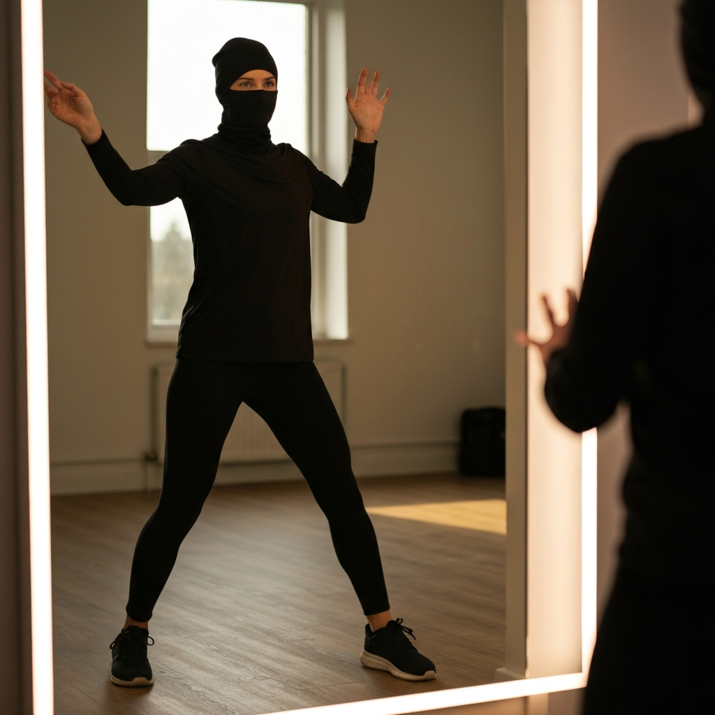 A person practicing a presentation in front of a mirror. The lighting is bright and clear, highlighting their confident posture and focused expression.