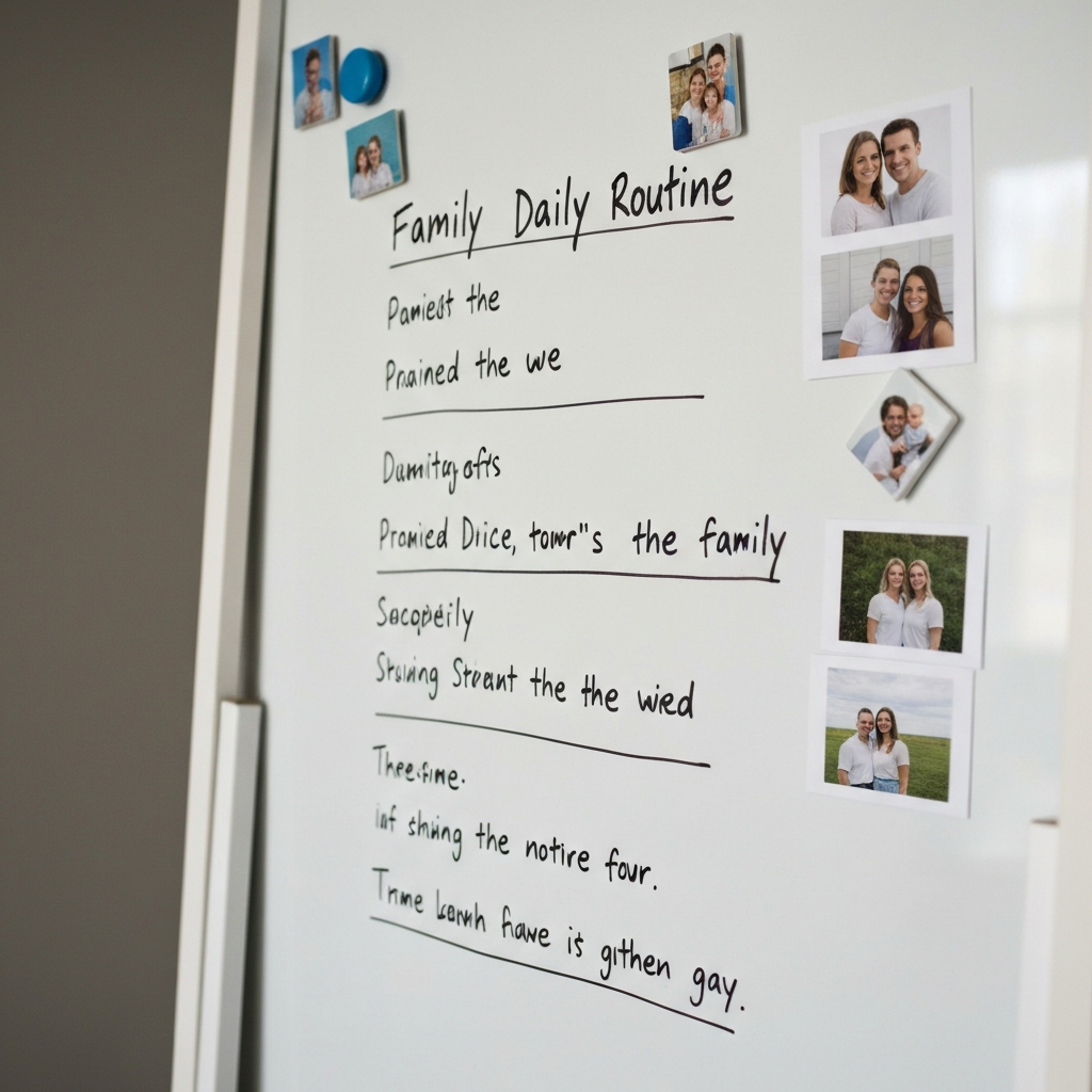 Close-up of a whiteboard with a family's daily routine written in colorful markers. Small magnets and family photos decorate the board. The writing is neat and easy to read.