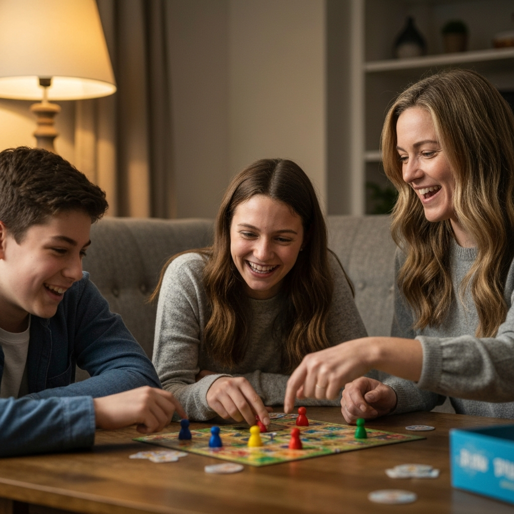 Family playing a board game in the living room. Warm lamp light casts a cozy glow. The faces of the family members are filled with smiles and laughter as they engage in the game.