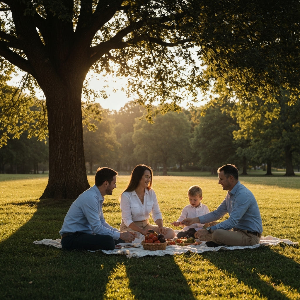 Natural setting, family having a picnic in a park under a large tree. Golden hour lighting creates long shadows. The focus is on the interaction between the family members.