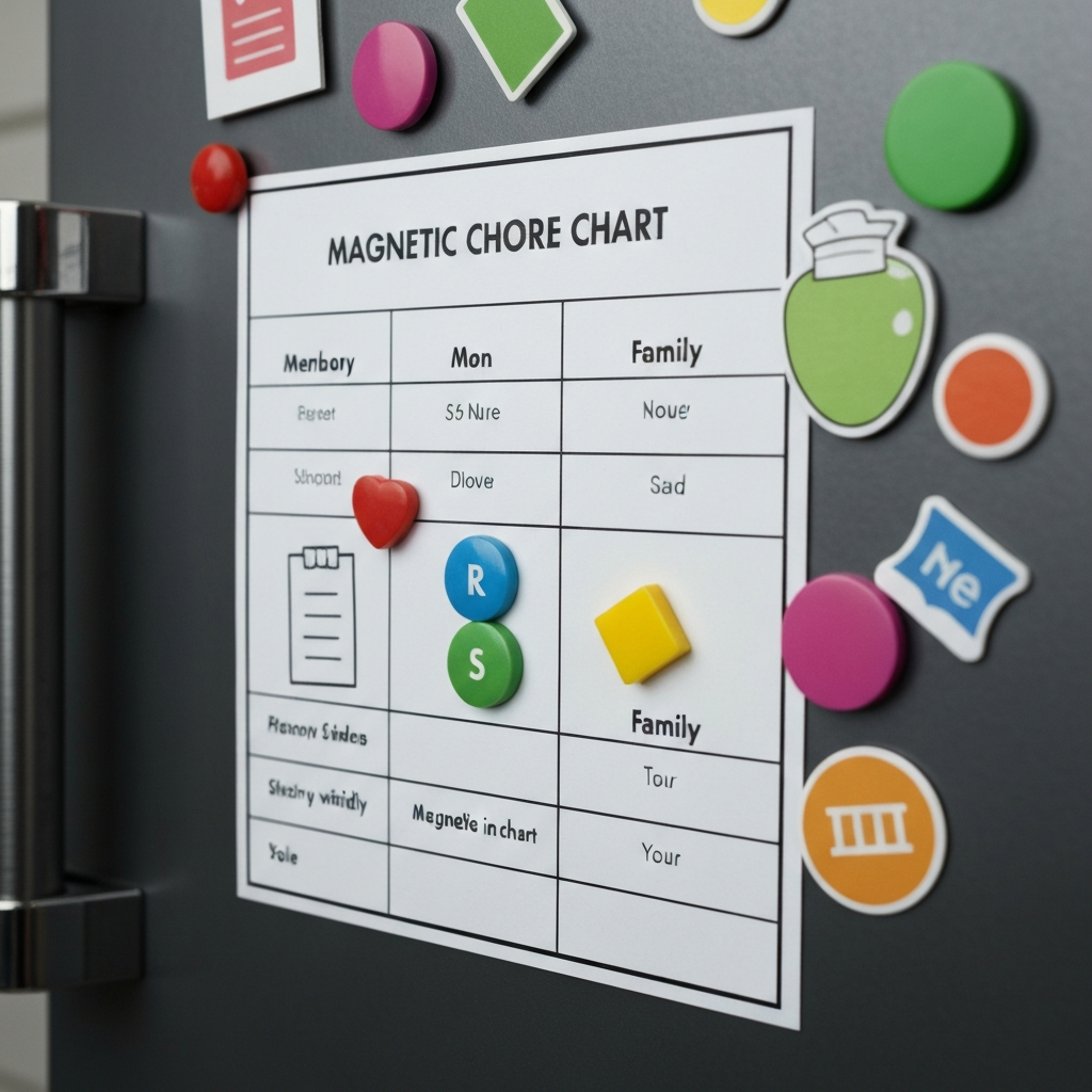 Close-up of a magnetic chore chart on a refrigerator. The chart is organized by family member and task. Colorful magnets and stickers decorate the chart.